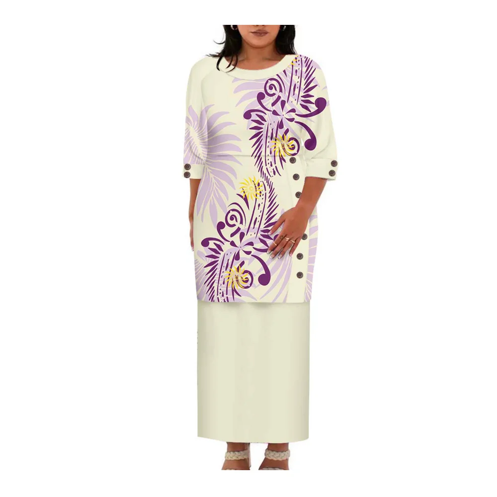 

A Fashionable Floral Style Women'S Puletasi Button Dress Set Polynesian Samoan Puletaha Fashion Top And Long Dress