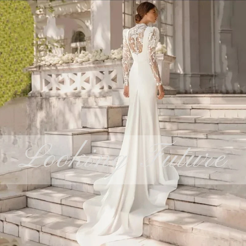 Elegante renda cetim sereia arco casamento vestido, ilusão v pescoço, manga cheia, botão vestidos longos, requintado plissado apliques vestidos