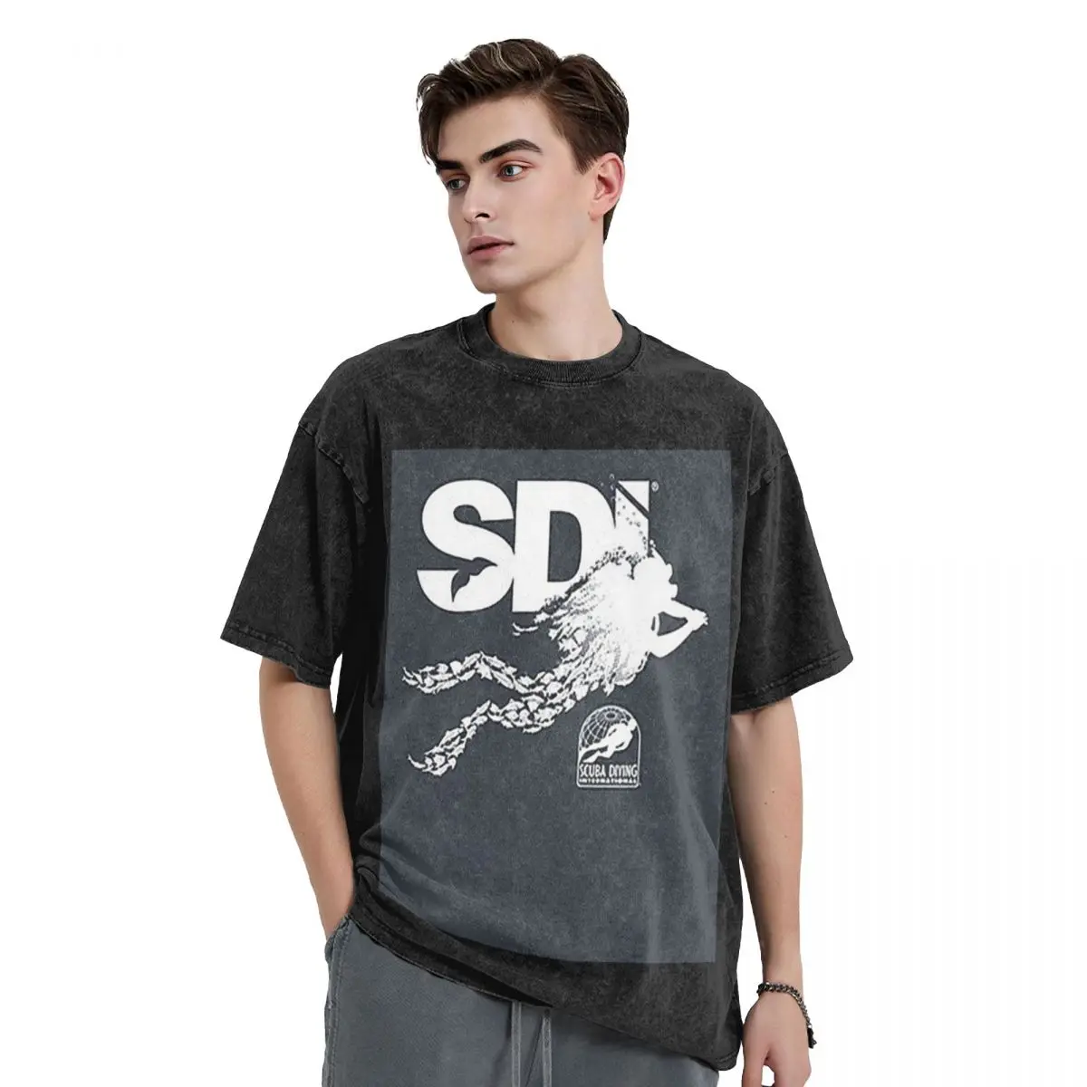 Scuba Diving International (SDI)- Scuba Fish Diver Washed T Shirts Short Sleeve Hip Hop T-Shirt Streetwear Tops Tees Men Women