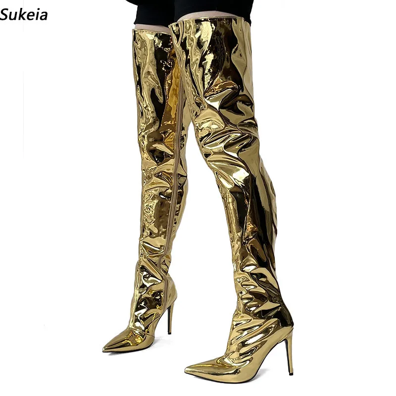 

Sukeia Handmade Women Winter Thigh Boots Full Zipper Sexy Thin Heels Pointed Toe Gold Silver Cosplay Shoes Ladies US Size 5-15