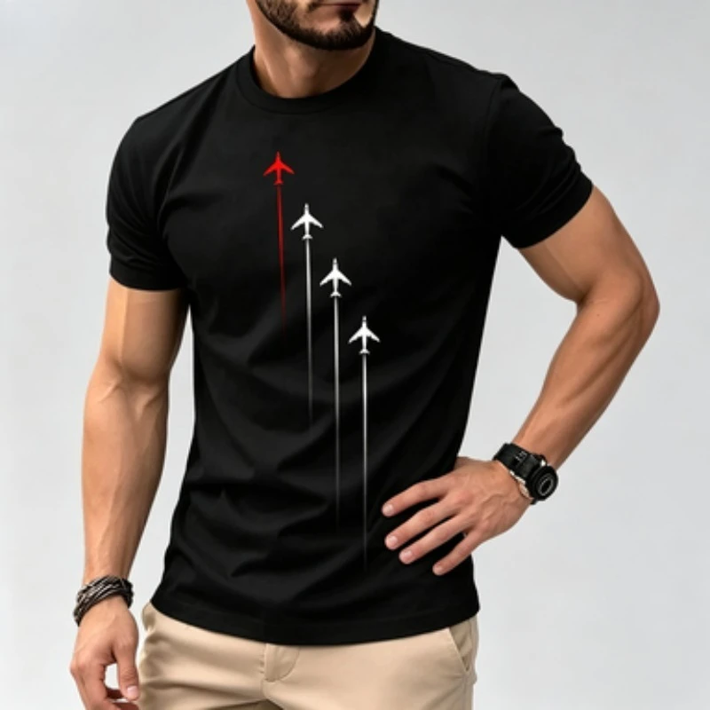 Mens Soft Cotton Minimalist Tshirt Airplane Trail Line Graphic Short Sleeve Aviation Pattern Casual Male Streetwear Tops