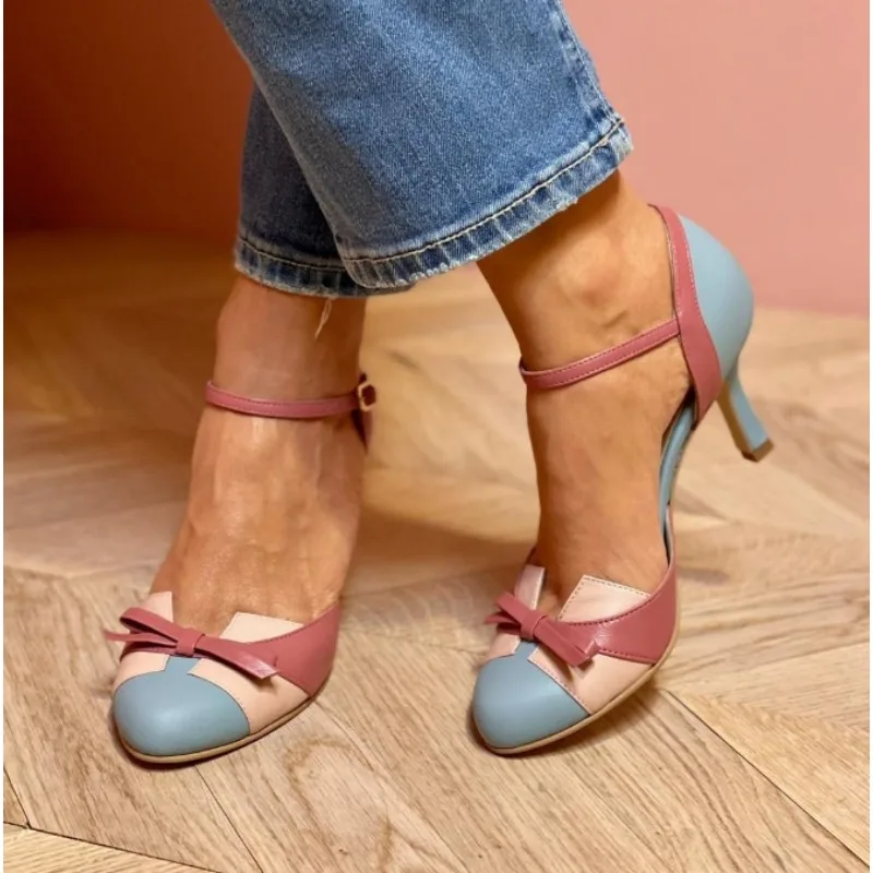 Süße weibliche Kleidschuhe, runde Zehen, High Heels, Pumps, 6 cm, Schnallenriemen, Schleife, gemischte Farben, Übergröße 43 Dating-Schuh
