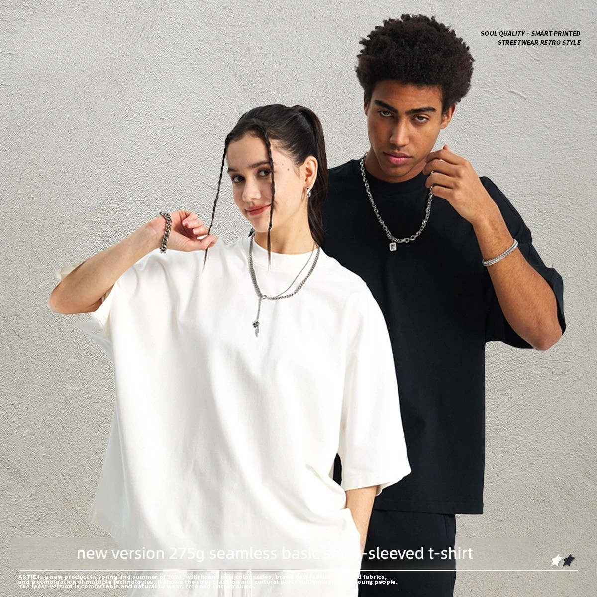 

Men Oversized T-Shirt 275G Heavyweight Cotton Loose Fit Short Sleeve Streetwear Summer Crew Neck Solid Color Drop Shoulder Tee