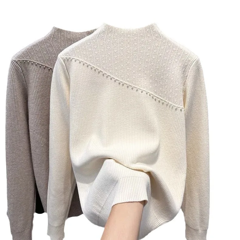 الخريف الشتاء الصوف سترة سميكة المرأة البلوز الدافئة المتكاملة الصوف شبه الياقة المدورة بلون محبوك قاع قميص