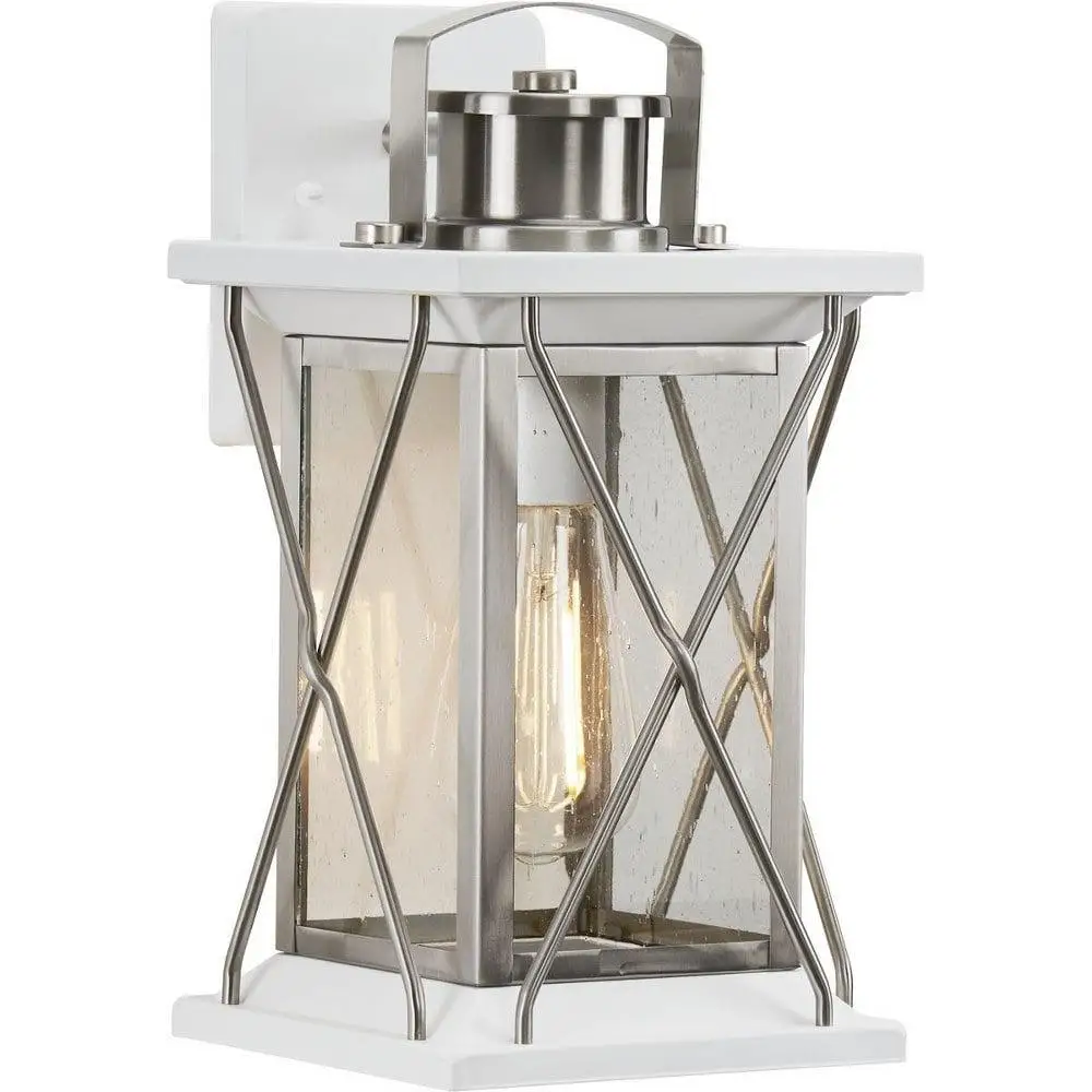 Barlowe Collection Stainless Steel Seeded Glass Wall Lantern 1-Light Farmhouse Outdoor Rustic X-Brace Design Bedroom Foyer