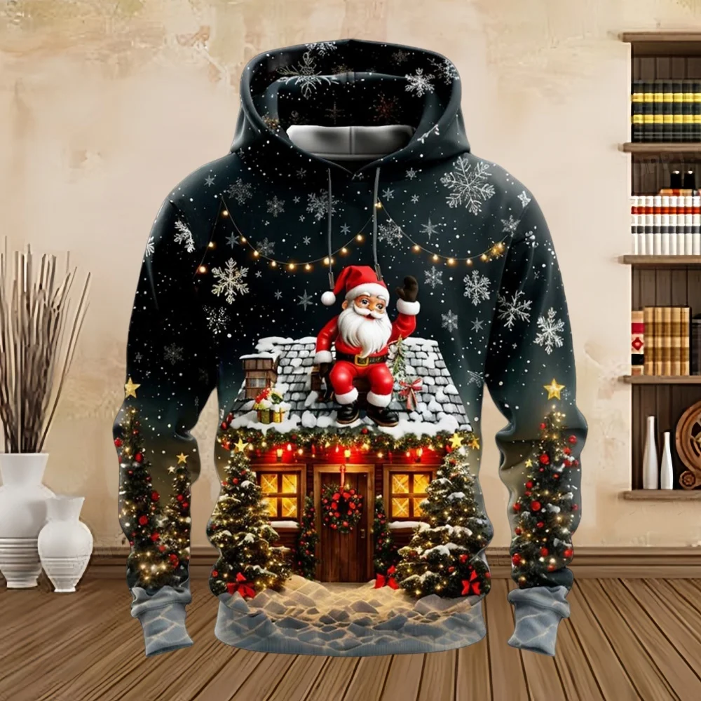 2025 جديد هوديي سانتا كلوز الرجال الموضة ثلاثية الأبعاد طباعة عطلة الشارع الشهير عيد الميلاد هوديس مقنعين الكنغر جيب مصمم البلوز #3