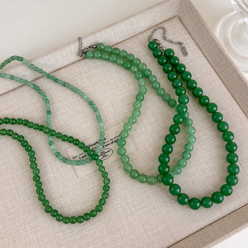 Women Stylish Silver Plated Alloy Chain Strand Chokers Textured 4 6 8 10mm Green Natural Stone Beaded Necklaces Wholesale