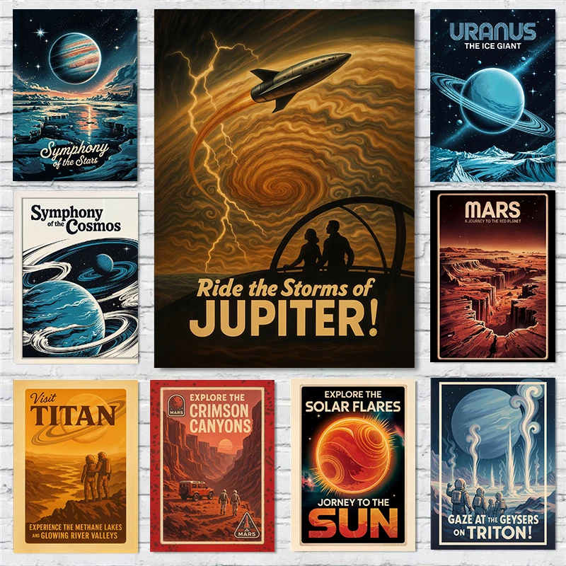 Vintage Space Poster Universe Solar System Planetary Space Station Prints Canvas Painting Wall Art Pictures Home Room Decoration