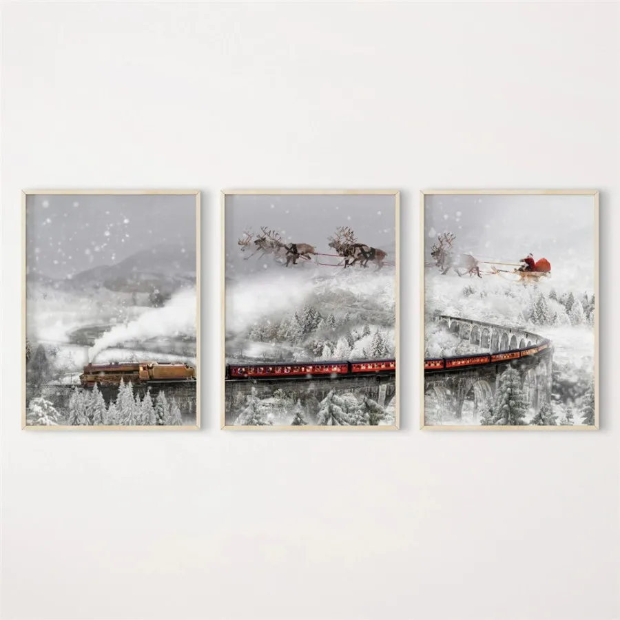 Winter Snow Train Moose Landscape Picture Canvas Painting Wall Art Christmas Tree Poster Nordic Scenery Print for Home Decor