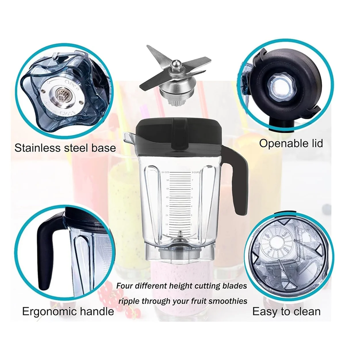 HOT Blender Pitcher 64oz Low-Profile พร้อม Tamper, สําหรับ Vitamix 750 5200 5000 6300 7500 Vm0102 Vm0103 Classic/Commercial ฯลฯ