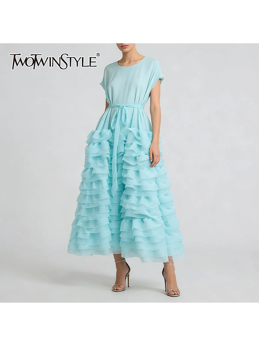 

TWOTWINSTYLE однотонные модные платья со складками и оборками для женщин, женское платье без рукавов с круглым вырезом и высокой талией в стиле пэчворк на шнуровке