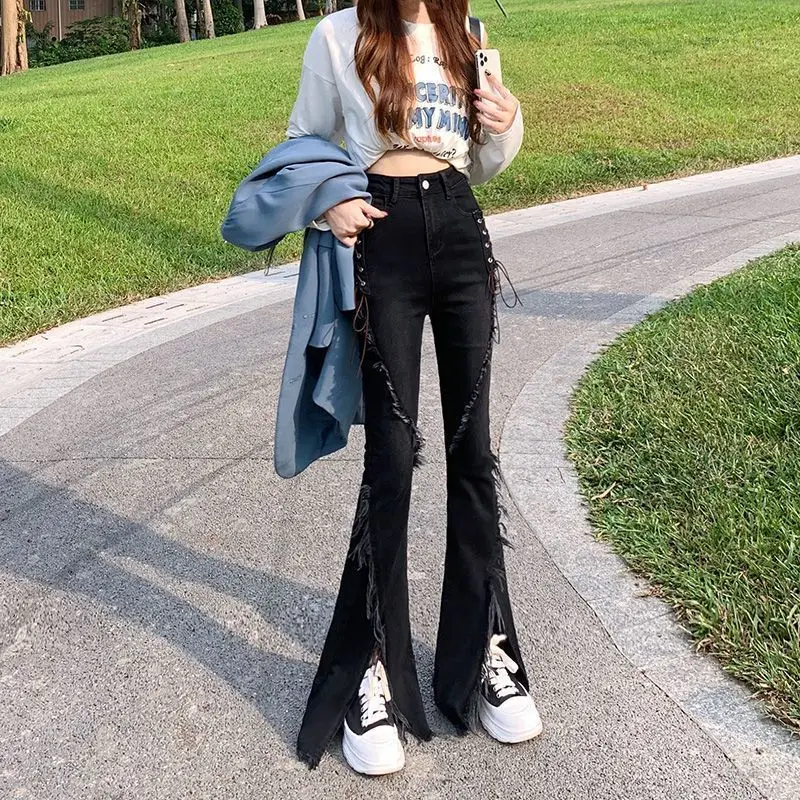 Neue Schwarz Split Y2k Pantalones Hohe Taille Lange Flare Hosen Denim Zipper Fly Volle Länge Jeans Chic Frauen Streetwear Harajuku