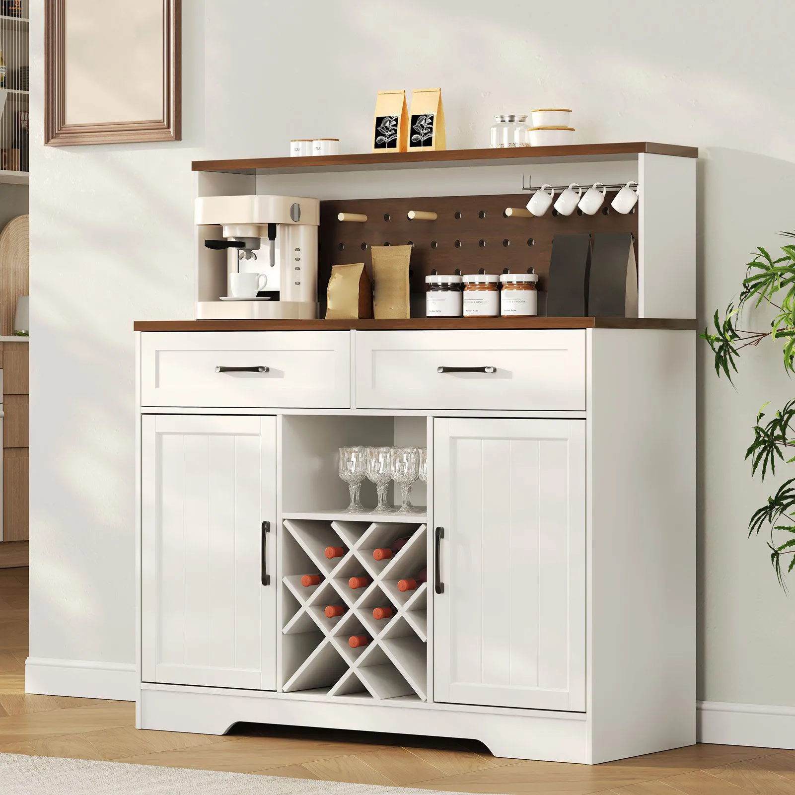 

1PC Farmhouse Coffee Bar Cabinet with LED Light Tall Kitchen Hutch Large Storage Doors Drawers Wine Glass Rack Solid Wood Veneer