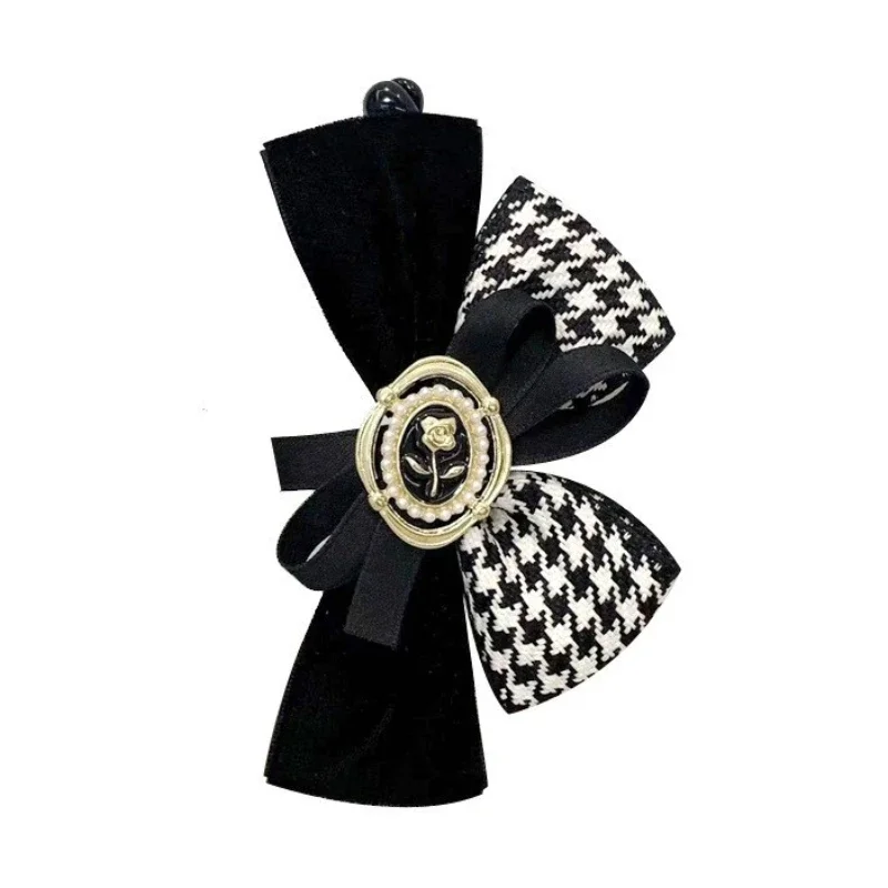 Korean Vintage Houndstooth Bow Banana Vertical  Hair Clip Butterfly Knot Flower Hairclip for Women Elegant Jewelry Accessories