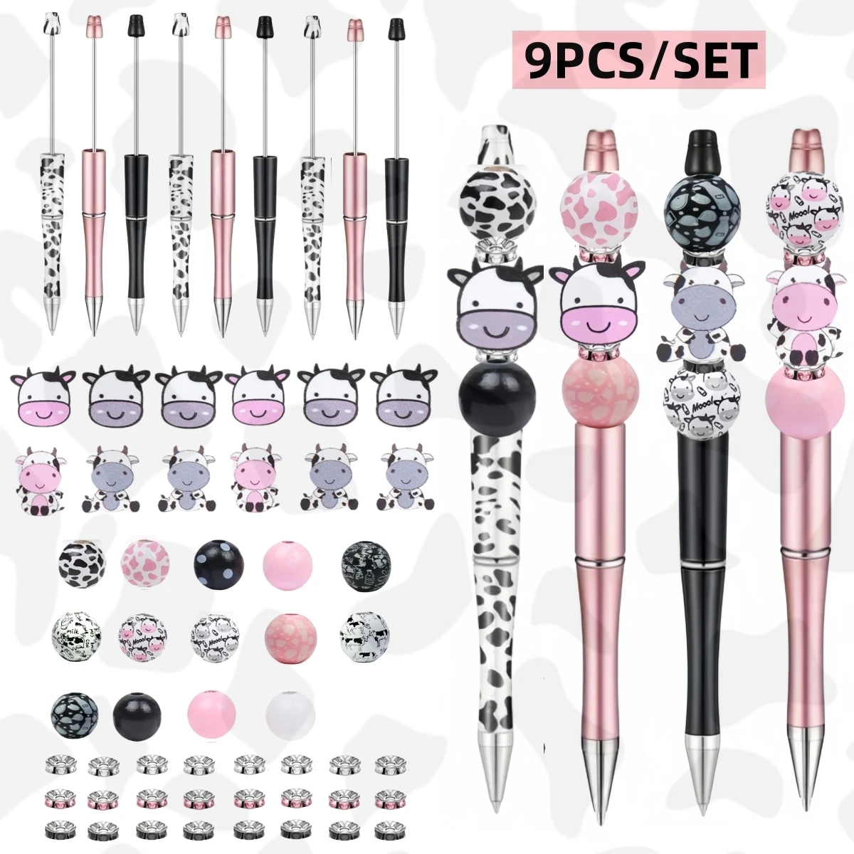 

9 pcs cute cow themed black ink DIY bead ballpoint pen and cute cow shaped wooden beads, glitter set, office and school supplie
