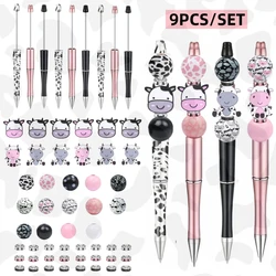 9 pcs  cute cow themed black ink DIY bead ballpoint pen and cute cow shaped wooden beads, glitter set, office and school supplie