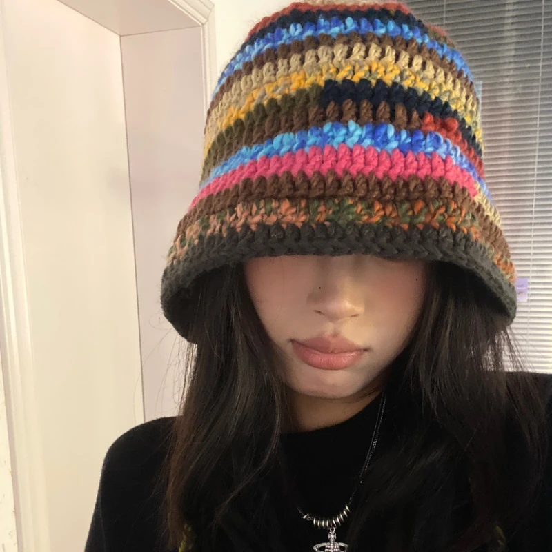 Japanese Handmade Crochet Colored Striped Knitted Lace Up Bucket Hats For Women Contrasting Colors Sweet Winter Basin Hat Gorras