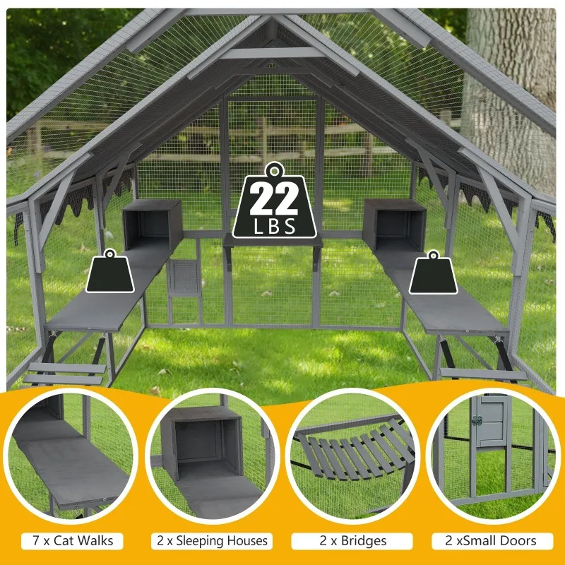 

110 Inch Cat House Enclosures Large Kitten Playpen With Platform Waterproof Cover Grey Walk In Door For Multi Cat Fun And Safety