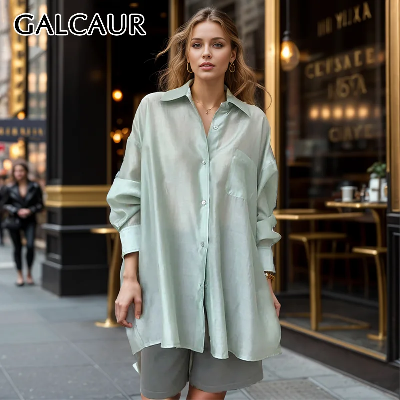 

GALCAUR Solid Minimalist Loose Shirts For Women Lapel Long Sleeve Patchwork Single Breasted Casual Blouses Female Clothes Autumn