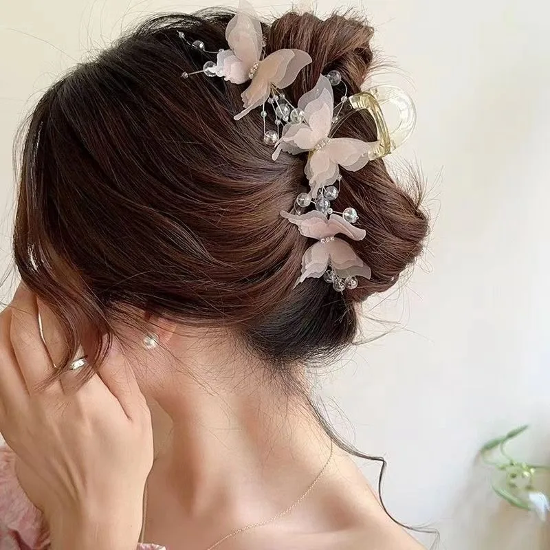 

Fashion Simulation Butterfly Hair Clips Sweet Pink Elegant Pearl Gripper Exquisite Silk Flower Hair Clip Fashion Shark Hair Clip
