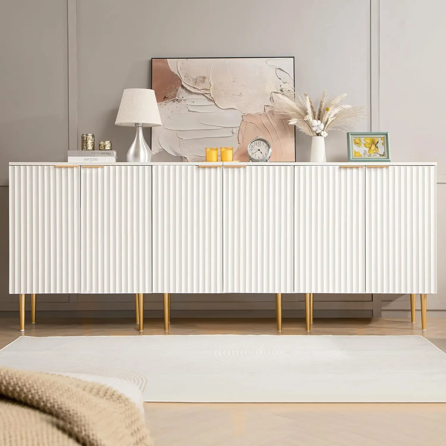 Fluted White Storage Cabinet Set of 3 Wood Sideboard Buffet Cabinet with Spray Painted Finish Console Table with Storage Wooden