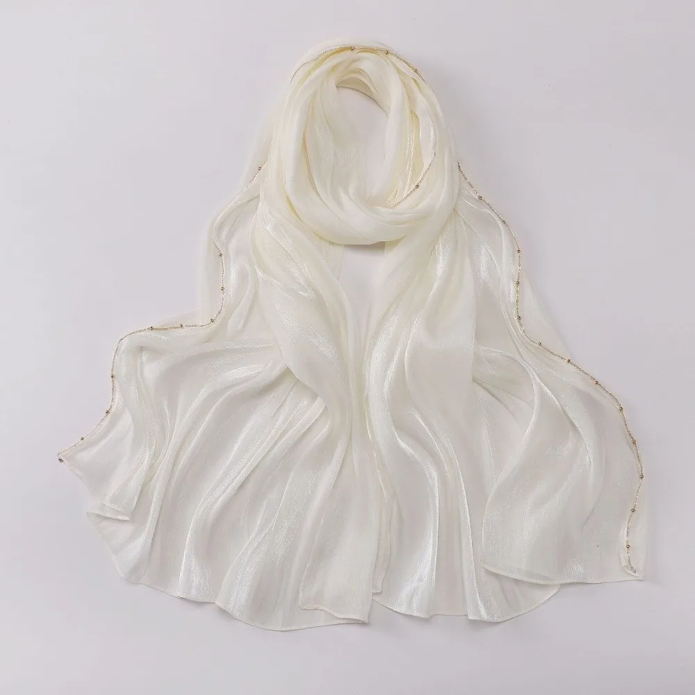 

High Qulaity Solid Color Silk Scarf Shining Unilateral golden chain Sunscreen shawl Chiffon Soft Ramadan Long Scarf Outdoor