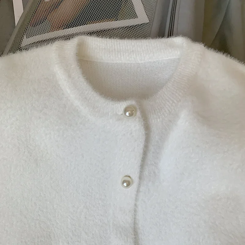Autumn And Winter Lazy Knitted Jacket Imitation Mink Velvet Knitted Sweater Solid Color Round Neck Pearl Button Cardigan
