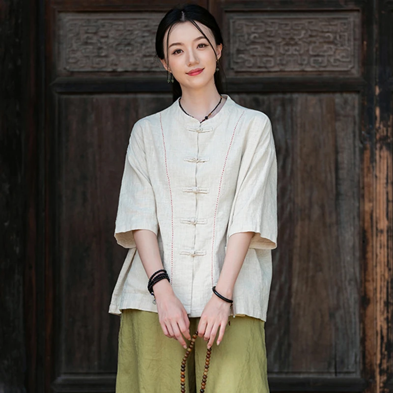 

Chinese Style Women Cotton Linen Casual Coats New Arrival 2025 Autumn Vintage Stand Collar Loose Female Basics Jackets M1844