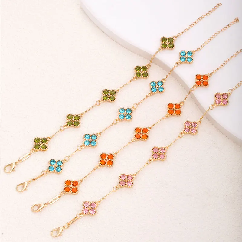 Colorful Crystal Four Leaf Clover Bracelets for Women Girls Lucky Clovers Flower Fashion Wrist Chain Jewelry Party Wear Bijoux