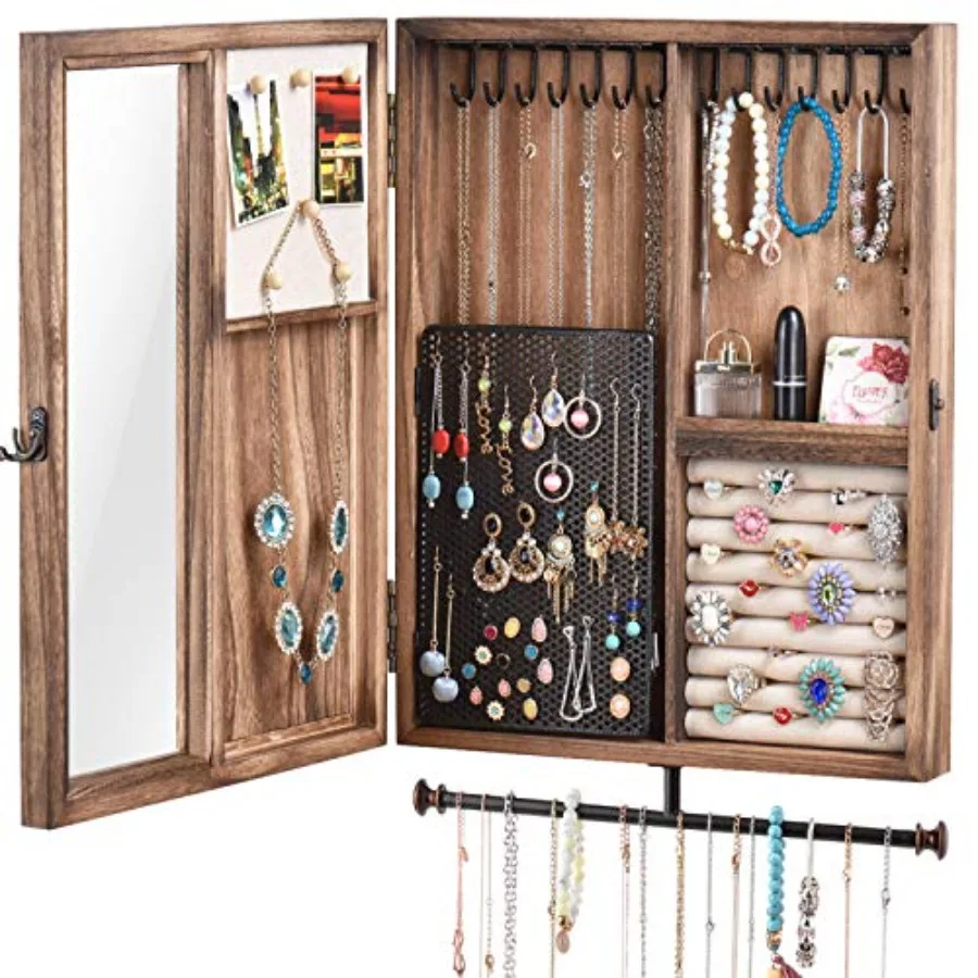 Wall Mounted Jewelry Organizer Box Rustic Wood Large Space Jewelry Cabinet Holder Jewelry Storage Box for Necklaces Earrings Br