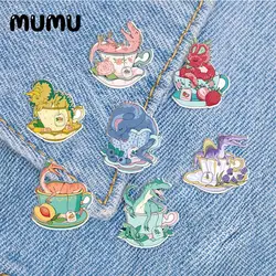 2023 New Teacup Dinosaurs Lapel Pin Rose Tea Rex Acrylic Brooches Handmade Epoxy Jewelry Shirt Bag Badge