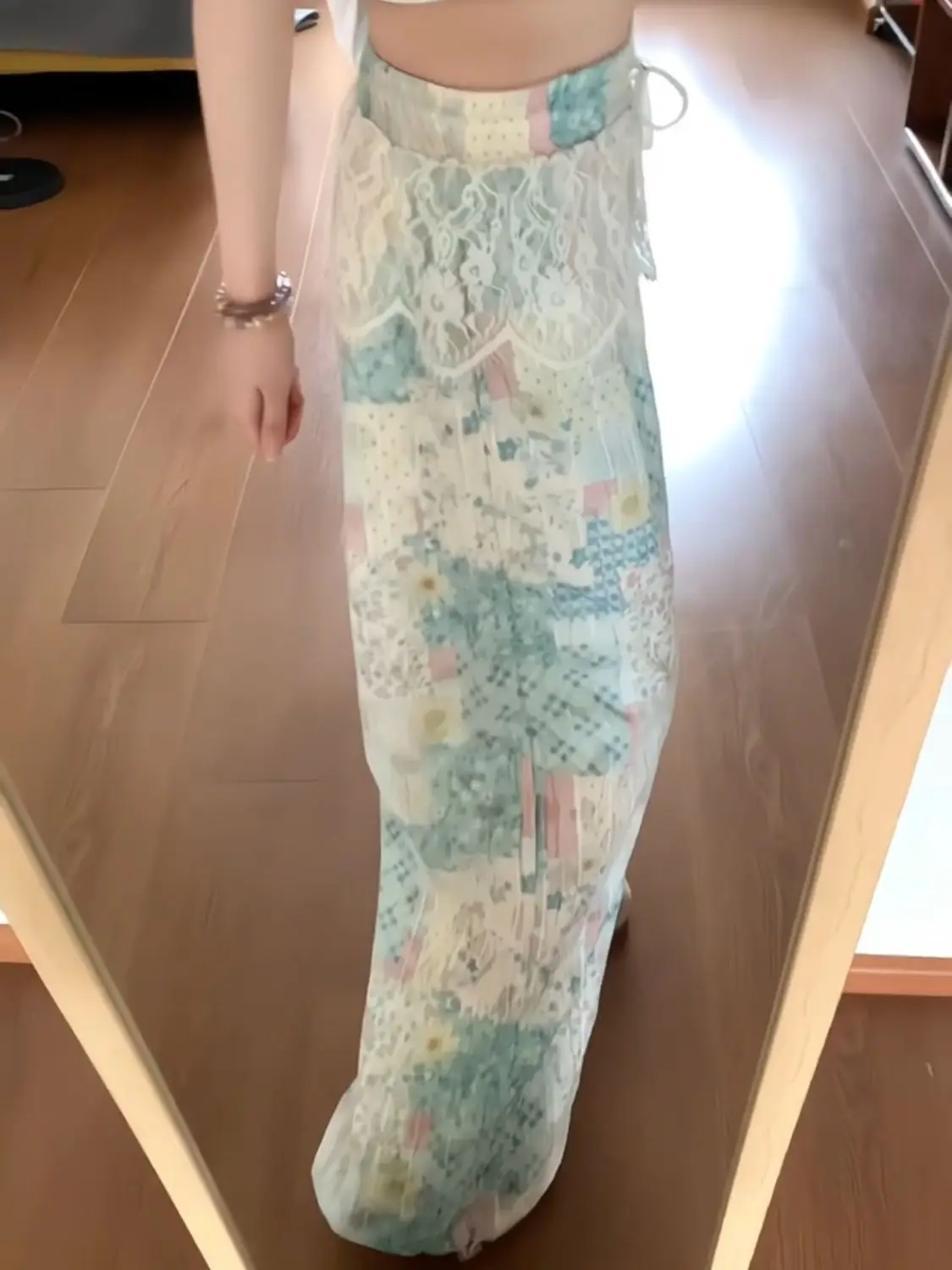 American Retro Lace Spliced Casual Pants Women Spring Summer New Niche Design High Waist Slimming Straight Wide-Leg Trousers
