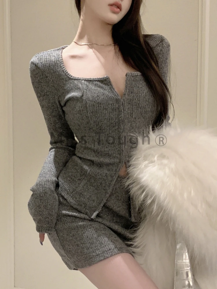 Knitted Korean Fashion Two Piece Set Women Solid Causal Sexy Mini Skirt Suit Female Sweet Cardigan＋Vintage Skirt 2023 Autumn New