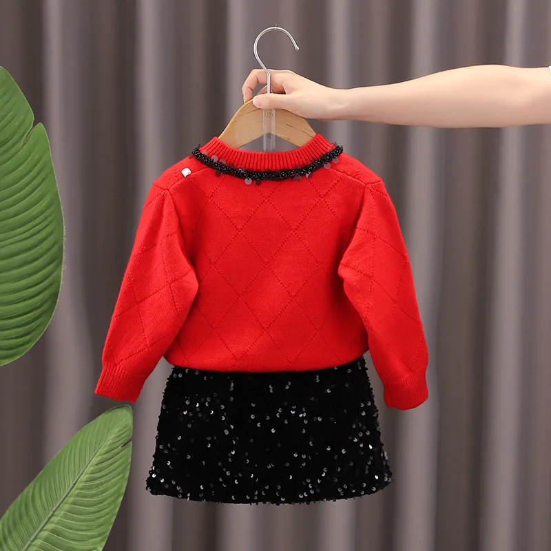 2024 Autumn Winter Baby Girl Two-piece Clothes Set Letter Lace Red Knitted Sweater Suit Knotbow Sequin Skirts Infant Girl Outfit