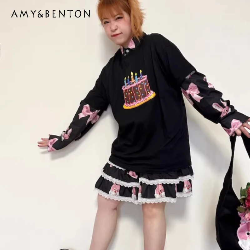 

Japanese Original Design Birthday Cake Printed Women's T-shirt 2026 Summer New Sweet Cool Loose Thin Versatile T-shirts Ladies