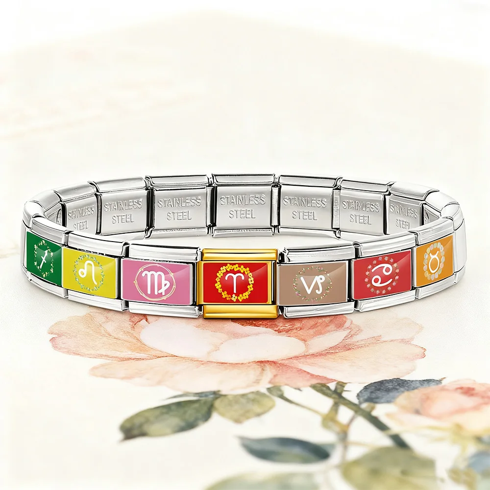 Modisches, farbenfrohes Original-Design: 12 Sternzeichen-Anhänger, italienische Gliederkette, passend für 9-mm-Armbänder, DIY-Schmuck aus Edelstahl, Geschenke – Detail 2
