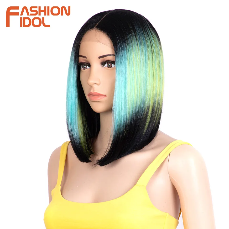 Wig Bob Cosplay idola mode, Wig lurus bagian sisi sintetis renda depan warna cokelat Ombre tahan panas serat Yaki untuk wanita