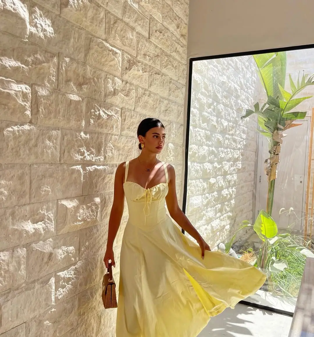 YENKYE 2023 Women French Style Yellow Sling Dress Sexy Sleeveless  Cross Lacing Up Back  Slit Hem Elegant Ladies Dresses