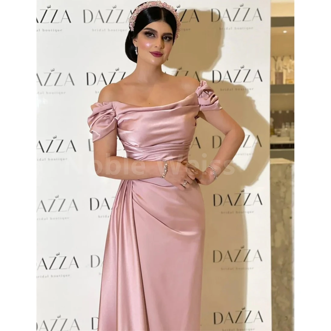 Elegant Light Pink Satin A-line Evening Dress with Off Shoulder and Fishtail Pleat Design Customized