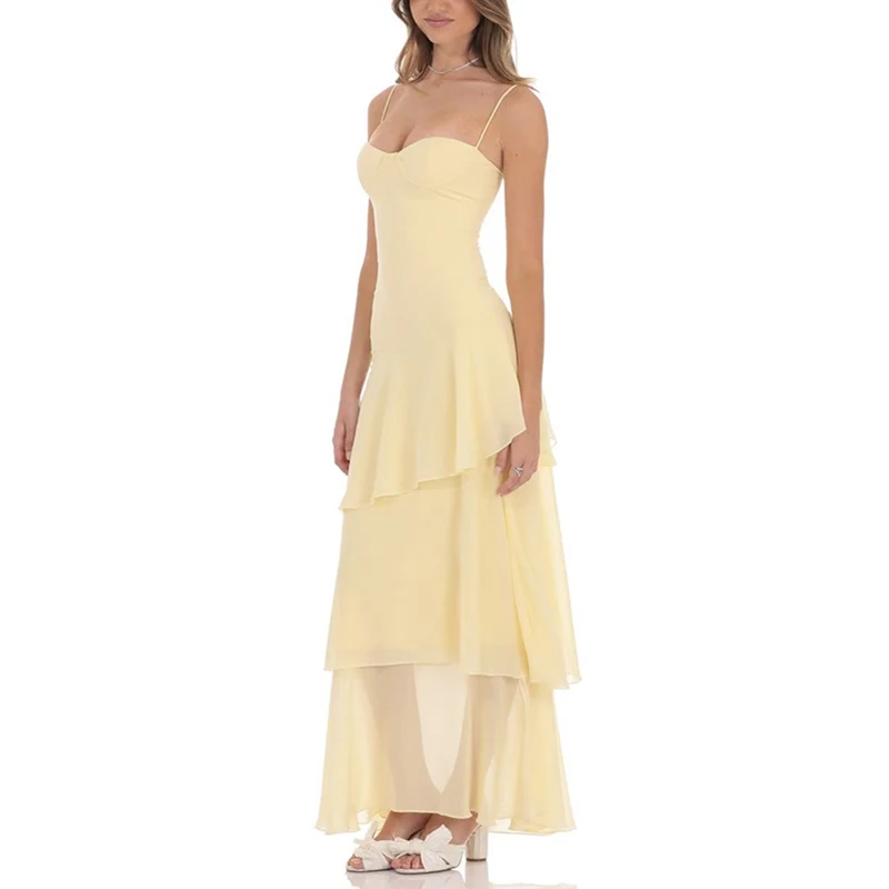 Women's Elegant Solid Long Party Dress Casual Mesh Pleated Banquet Dresses Summer Sexy Sleeveless Backless Low Cut Halter Dress