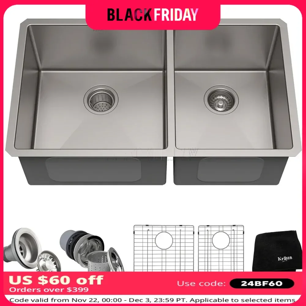 

Standard PRO 33-Inch 16 Gauge Undermount 60/40 Double Bowl Stainless Steel Kitchen Sink, KHU103-33