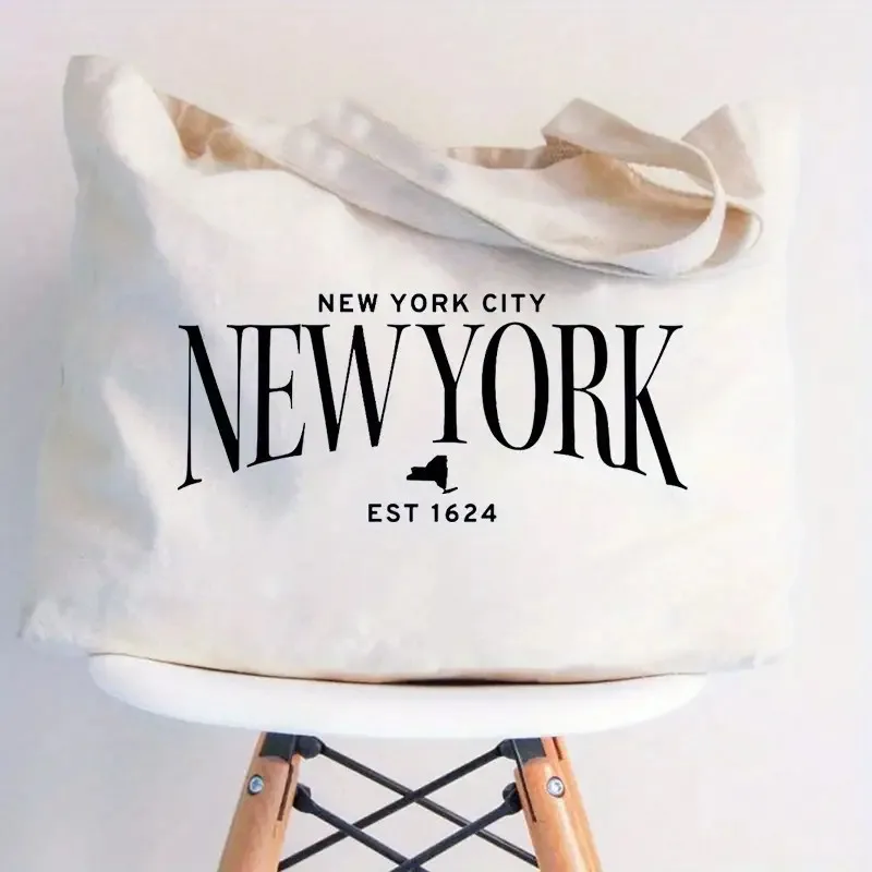 Women's New York City Tote Bag - NYC Skyline & State Outline Design with Large "NEW YORK" Lettering, Durable Polyester Canvas Tr