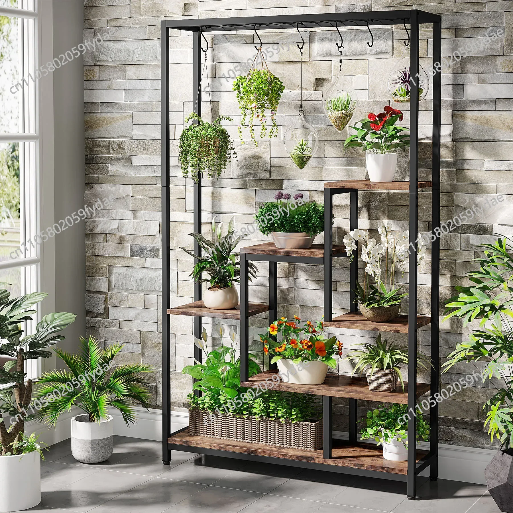 Tall Indoor Plant Stand 70.9 inches Large Metal Plant Shelf with 10 PC S Hanging Hooks for Garden
