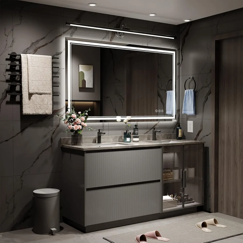 مرآة Led مقاس 48 × 32 بوصة للحمام مع ضوء أمامي وإضاءة خلفية، مرآة حمام جدارية قابلة للتعتيم ومضادة للضباب مع أضواء LED، ماء P