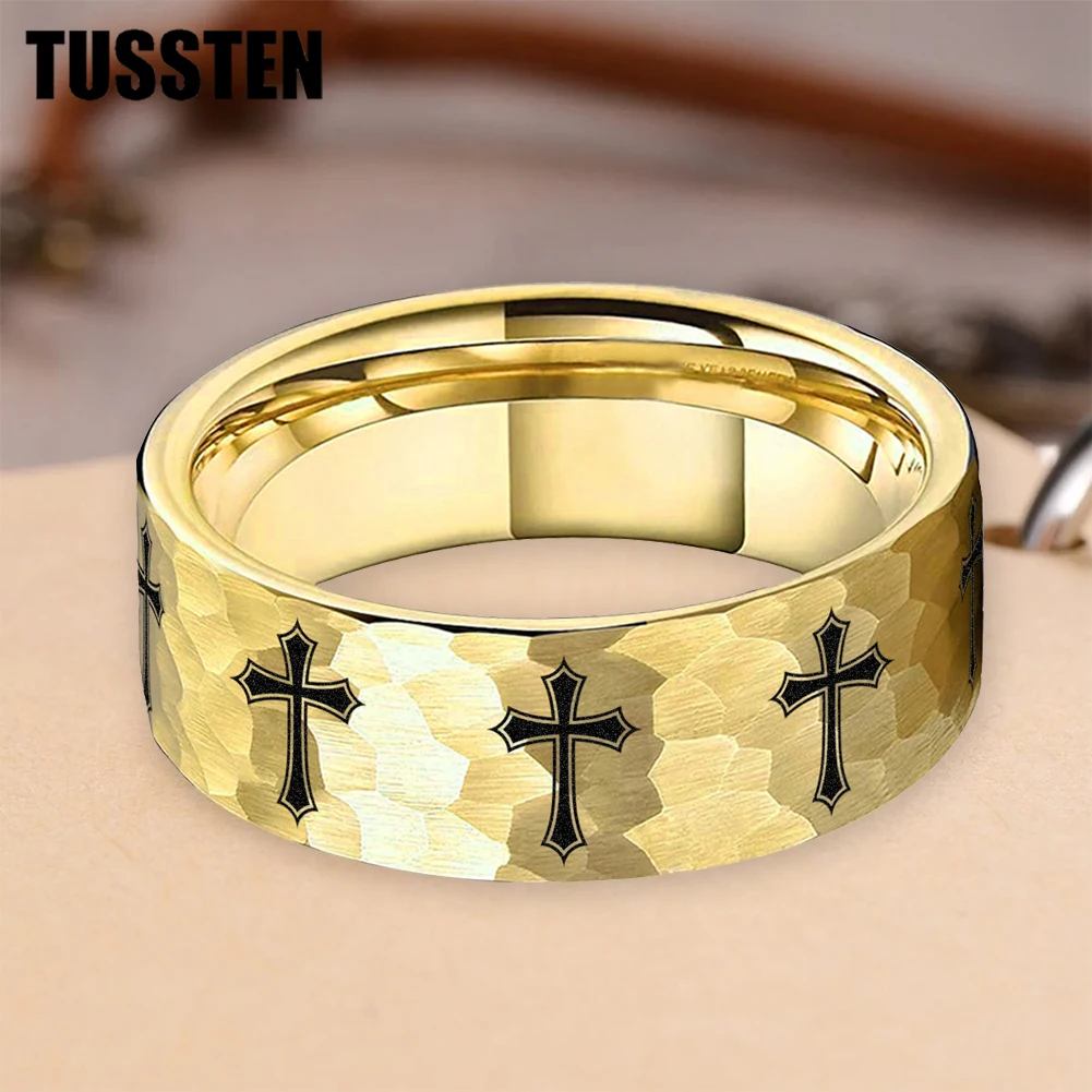 

TUSSTEN 6/8MM Hammered Tungsten Ring For Men Women Fashion Wedding Engagement Band Laser Engraved Cross Pattern Comfortable Fit