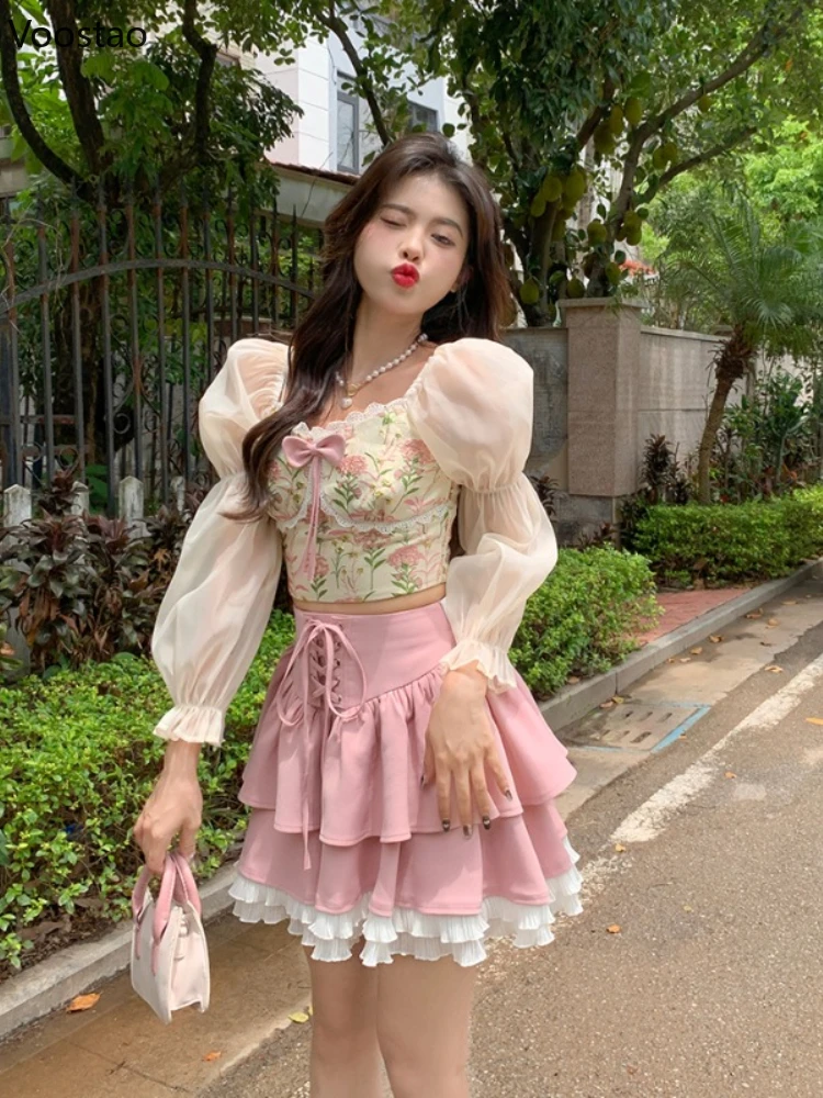 Kawaii Lolita Skirt Set Women Elegant Puff Sleeve Bow Floral Blouse Sweet Pink Ruffles Mini Skirt Suit Korean Style 2 Piece Sets