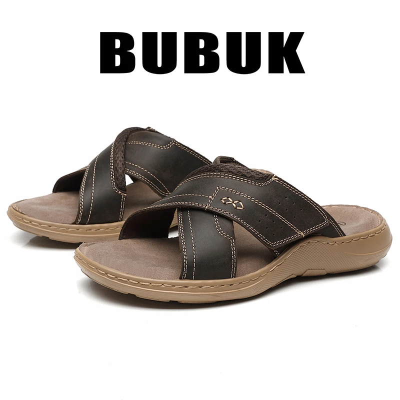 

Bubuk Men's Sandals Made of Top-Grain Leather, with Velcro Cross Design, Retro Casual Outdoor Fashion Sandals