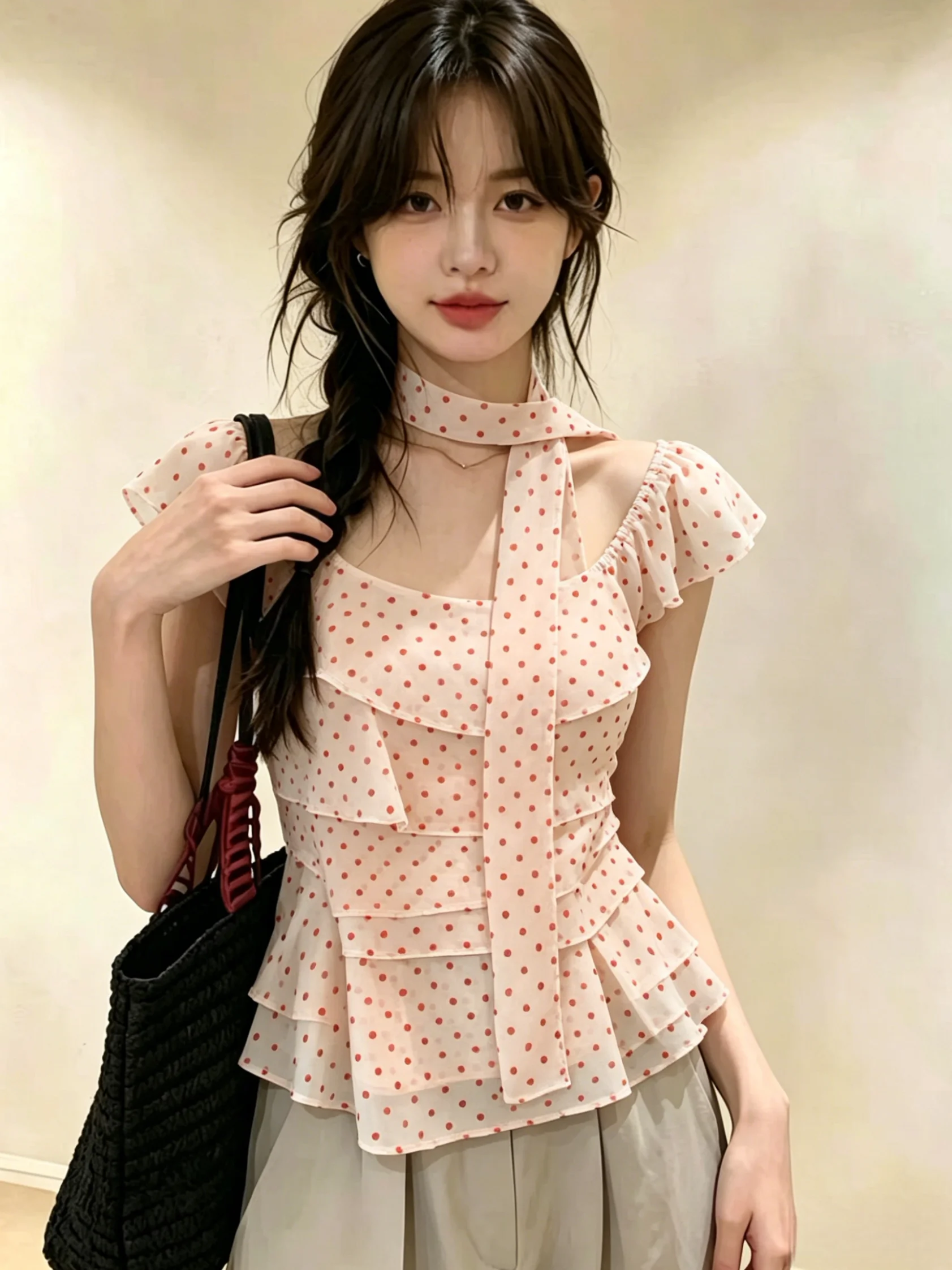 

Sweet Style Polka Dot Ruffle Hem Neckline Women's Shirt Summer New Arrival Slimming Top Self Kept Item Straight Tube Silhouette