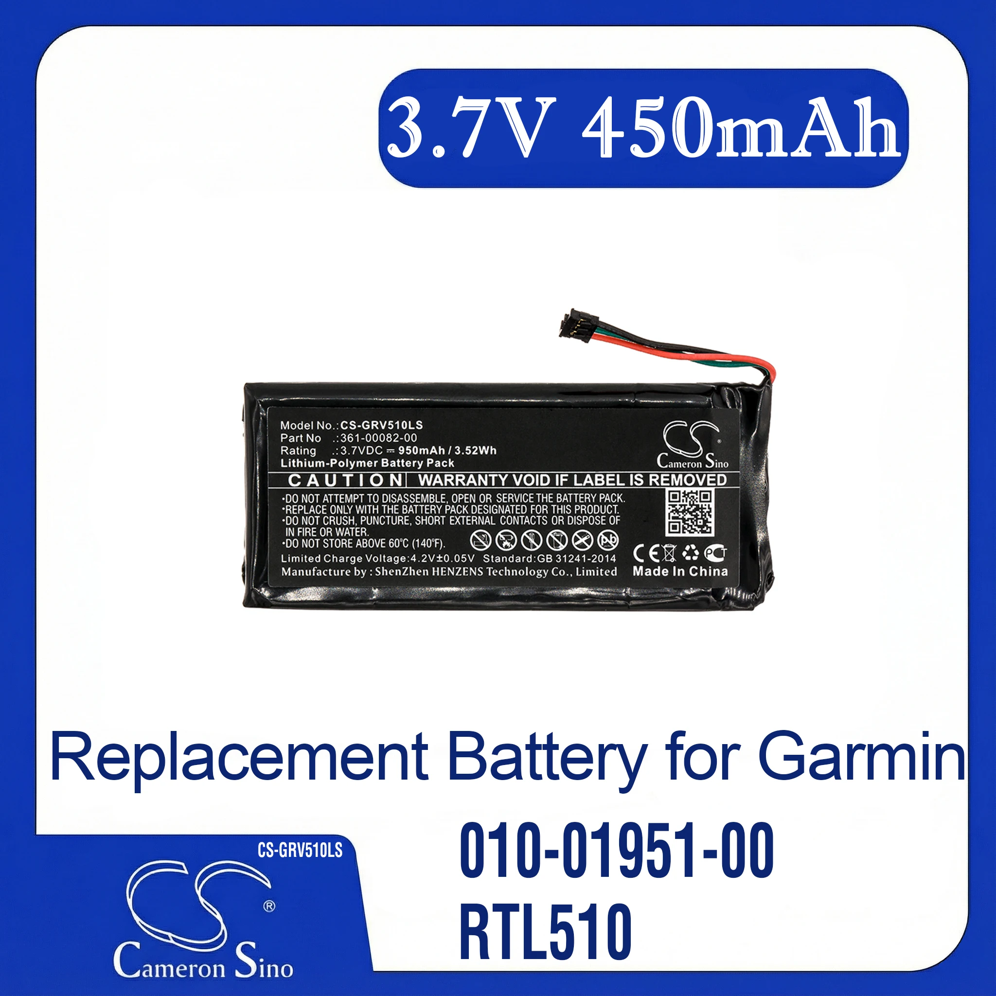 

Cameron Sino Replacement Battery for Garmin 010-01951-00, RTL510, Varia RTL501, Varia TL, Fits P/N 361-00082-00
