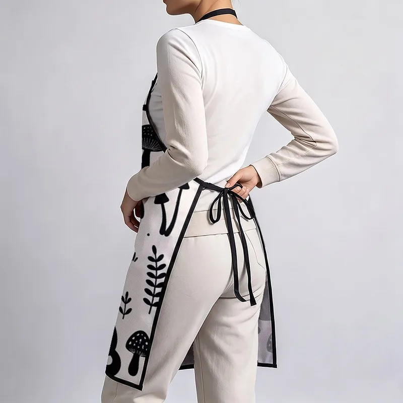 1PC【Apron】2DFlat effect，Vintage-style black and mushroom print，Fun and leisurely qualities，Suitable home kitchen cooking